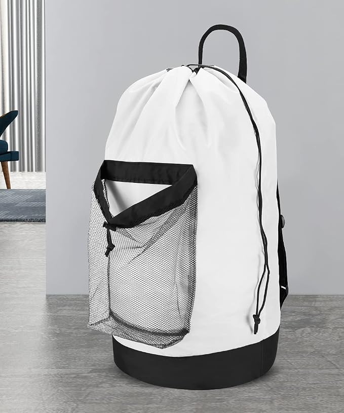 Backpack Laundry Bag, Laundry Backpack with Shoulder Straps and Mesh Pocket Durable Nylon Clothes Hamper Bag with Drawstring Closure for College, Travel, Laundromat, Apartment