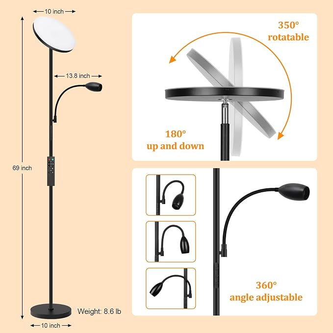Reading Floor Lamp, 72" Tall LED Lamp with Flexible Gooseneck, Dimmable Zoomable Spotlight, Adjustable Color Beam Torchiere Lamp, Touch & Remote Control, Task Craft Bedroom Living Room, Matte Black | Adjustable Color Beam Standing Lamp, 10W, Touch & Re...