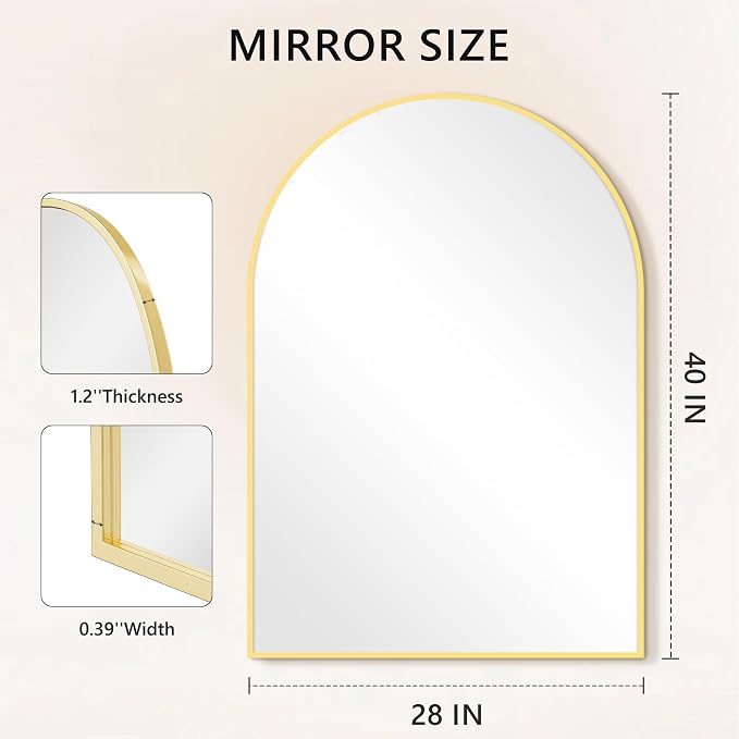 Arched Bathroom Mirror for Wall, 40" x 28" Metal Frame Vanity Mirror, Gold | Aluminium Alloy Frame, HD Shatterproof Glass, for Bathroom Over Sink , Entryway, Bedroom, Living Room