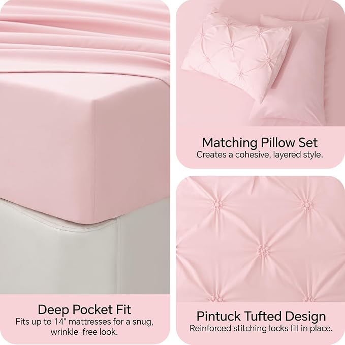 BEDELITE Queen Comforter Set Baby Pink,Lightweight & Soft Comforter | 7 Pc Boho Bed in a Bag,Warm & Cute Bed Set for All Season,Includes Comforter,Flat & Fitted Sheets,2 Pillowcases & 2 Shams