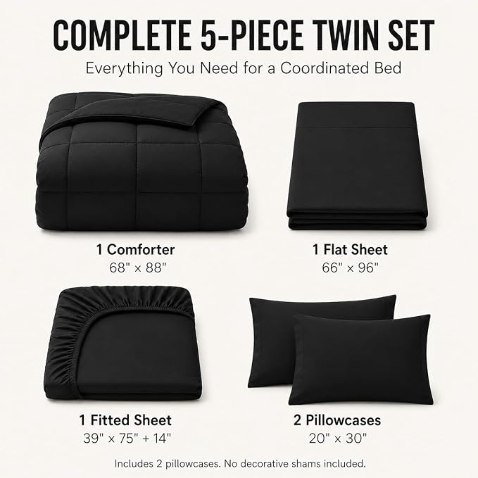 Twin XL Comforter Set Black - 5 Pieces Twin XL Bed in a Bag | College Dorm Essentials, OEKO-TEX Certified, All Season, Down-Alternative Comforter + Flat & Fitted Sheets + 2 Pillowcases
