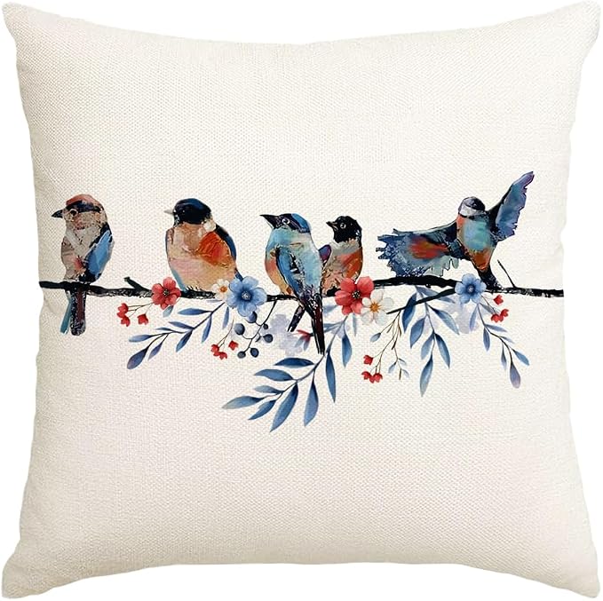 RABUSOFA 4th of July Memorial Day Patriotic Throw Pillow Cover,18x18 Inch Red White and Blue Birds Flowers Independence Day American Fourth of July Decoration for Sofa Couch