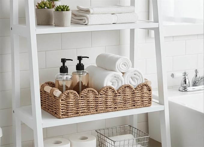 CubesLand Toilet Paper Storage Basket Organizer, Small Wicker Decor Basket | Toilet Tank Top Decorative Basket for Countertop, Handwoven Scalloped Basket W/Handle for Home Decor Living Room, Neutral