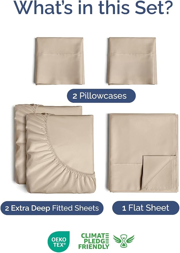 Extra Deep Split King Sheet Set - 5 Piece Breathable Cooling Sheets - Cream | Easily Fits 18 to 24 inch Mattress - Ultra Soft, Wrinkle & Fade Free with Extra Deep Pockets - Comfy Hotel Luxury Bedding