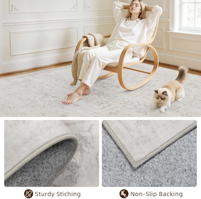 8x10 Area Rugs Living Room: Bedroom Washable Carpet Neutral Cream | Large Vintage Boho Indoor Decor Carpets Soft Nursery Farmhouse Dining Room Office Floor Non-Slip Low Pile Under Table Rug