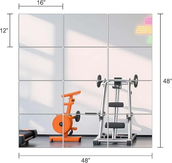 Wall Mirror Tiles, 16" x 12" x 12PCS Home Gym Mirror Tiles Frameless Glass | Workout Mirror Tiles for Garage, Bedroom, Living Room, Over The Door, Frameless Mirror Sets