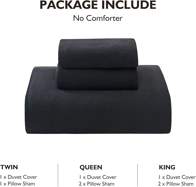 EMME Muslin Cotton Duvet Cover Set Twin Size Black Linen Like Soft Breathable Lightweight Summer Comforter Cover Set with Zipper Closure (Black, Twin, 68"x90")