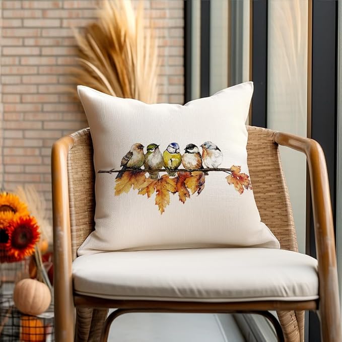 RABUSOFA Fall Pillow Covers 18x18 Inch Watercolor Bird Autumn Decorations for Home Outdoor Thanksgiving Decor Maple Leaf Decorative Throw Pillow Cases Farmhouse for Couch Sofa