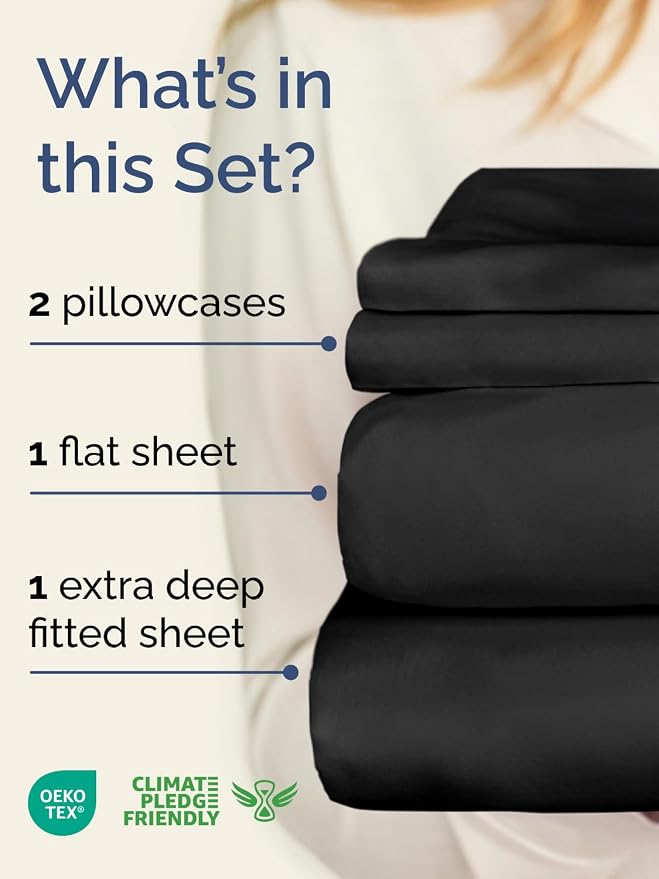 Extra Deep Twin Sheet Set - 4 Piece Breathable and Cooling Sheets - Black | Hotel Luxury Bed Sheets Set, Easy & Secure Fit, Ultra-Soft, Wrinkle & Fade Free, Comfy Sheets Set with Extra Deep Pockets