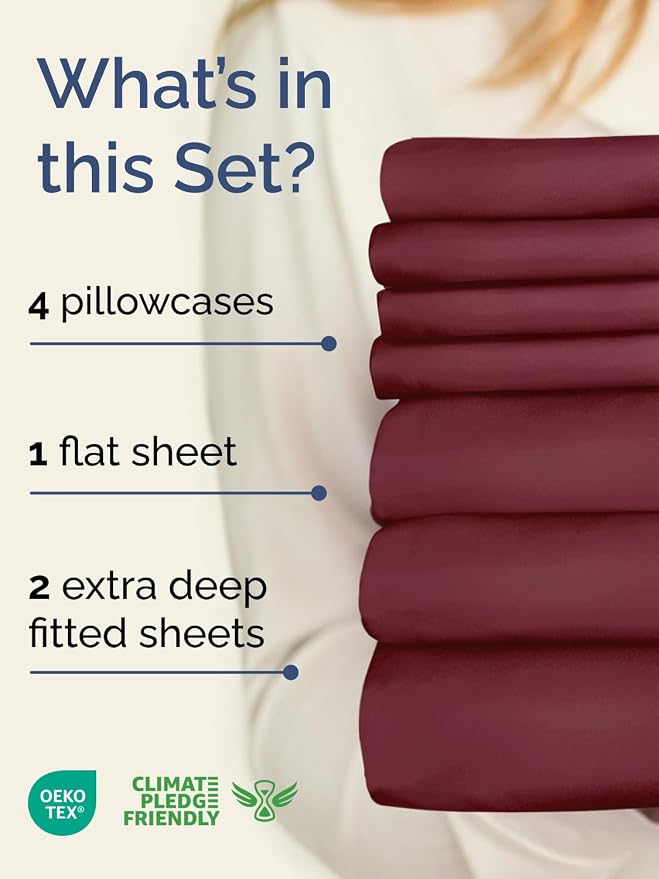 Extra Deep Split King Sheet Set - 7 Piece Breathable & Cooling - Burgundy | Hotel Luxury Bed Sheets Set, Easy & Secure Fit, Ultra-Soft, Wrinkle & Fade Free, Comfy Sheets Set with Extra Deep Pockets