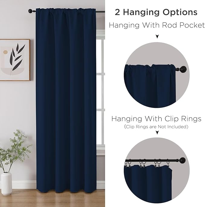 CUCRAF Navy Blue Blackout Curtains 54 inch Length 2 Panels Set, Rod Pocket Room Darkening Drapes for Bedroom Living Room, Insulated Thermal Light Blocking Window Curtain (W52 x L54 Inch)