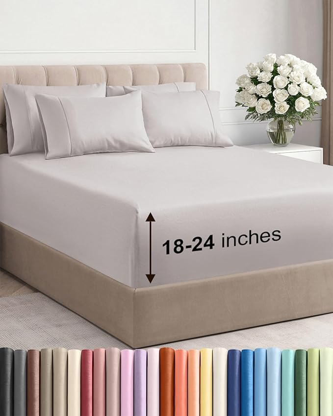 Extra Deep Queen Sheet Set - 6 Piece Breathable Cooling Sheets - Light Grey | Hotel Luxury Bed Sheets Set, Easy & Secure Fit, Ultra-Soft, Wrinkle & Fade Free, Comfy Sheets Set with Extra Deep Pockets