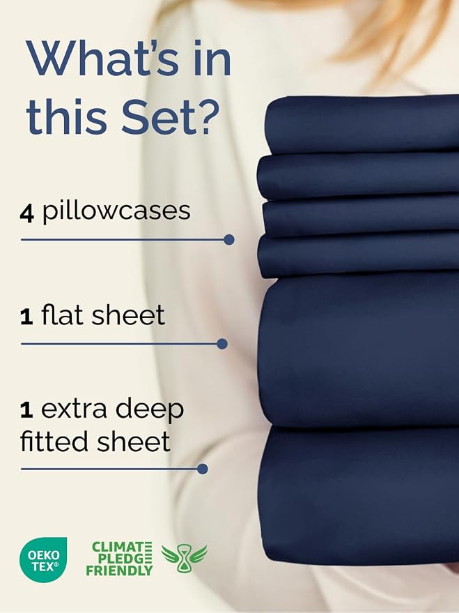 Extra Deep King Sheet Set - 6 Piece Breathable & Cooling Sheets - Navy Blue | Hotel Luxury Bed Sheets Set, Easy & Secure Fit, Ultra-Soft, Wrinkle & Fade Free, Comfy Sheets Set with Extra Deep Pockets