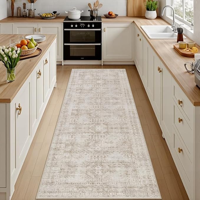 2'6''x8' Hallway Washable Runner Rug: Neutral Kitchen Carpet Brown | Vintage Boho Soft Small Indoor Decor Floor Non-Slip Low Pile Neutral Farmhouse Entryway Laundry Bathroom Bedroom Beside Rugs