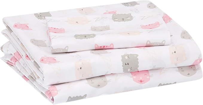 Amazon Basics Kid's Soft, Breathable, Easy-Wash Microfiber 3-Piece Sheet Set with Pillowcase, Twin, Peony Pink Kitties, Animal Print