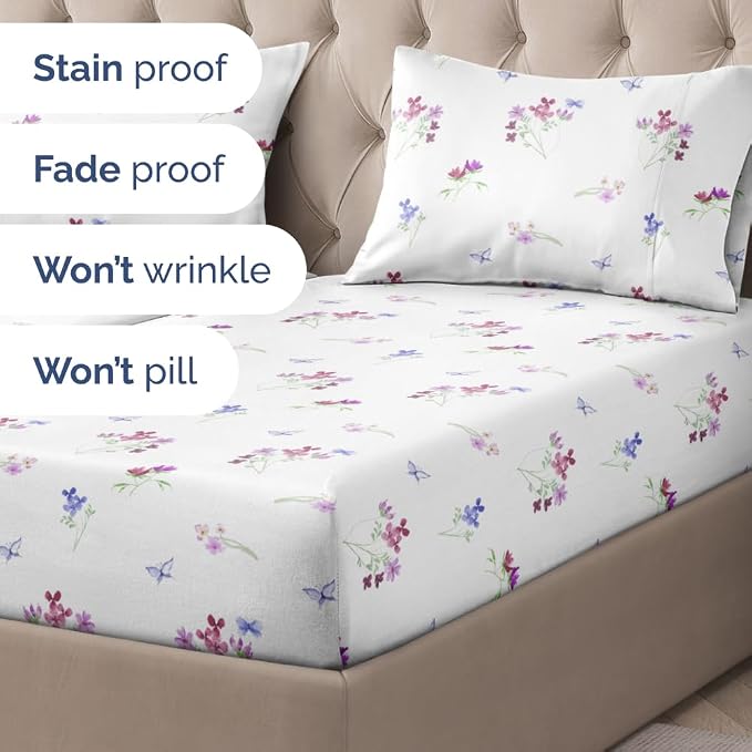 Split King 5 Piece Floral Sheet Set - Soft, Breathable & Cooling - Posy | 1 Flat, 2 Fitted & 2 Pillowcases w/ Deep Pockets, Boho Botanical Floral Bedding, Breathable & Cooling, Wrinkle & Fade Free