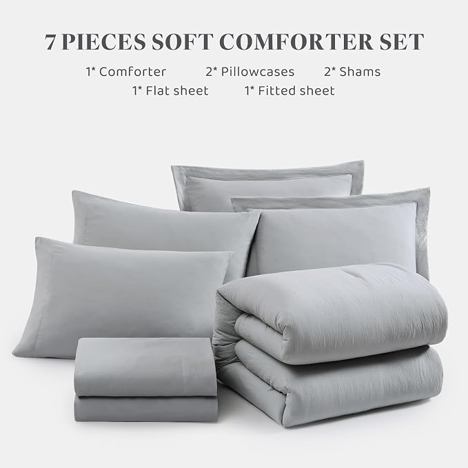 King Size Comforter Set- 7 Pieces Prewashed Bed in a Bag King Bedding Sets | Soft All Season Comforter with Sheets, Pillow Shams & Pillowcases, Light Grey
