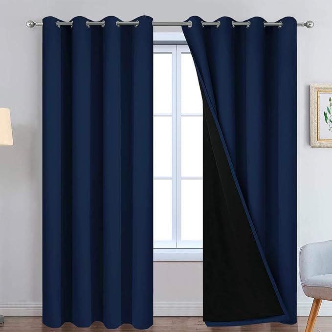 Yakamok Navy Blue 100% Blackout Curtains 90 Inches Long 52" Wide, 2 Panels | Blackout Curtain Panels for Bedroom, 2 Thick Layers Grommet Top Thermal Insulated Drapes with Black Liner for Living Room