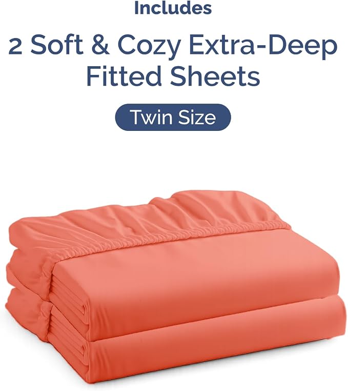 2 Pack Extra Deep Twin Fitted Sheets with Extra Deep Pockets - Coral | Hotel Luxury Bottom Fitted Sheets Only, Soft, Fade & Wrinkle Free, Breathable & Comfy, All Around Elastic Fitted Sheets
