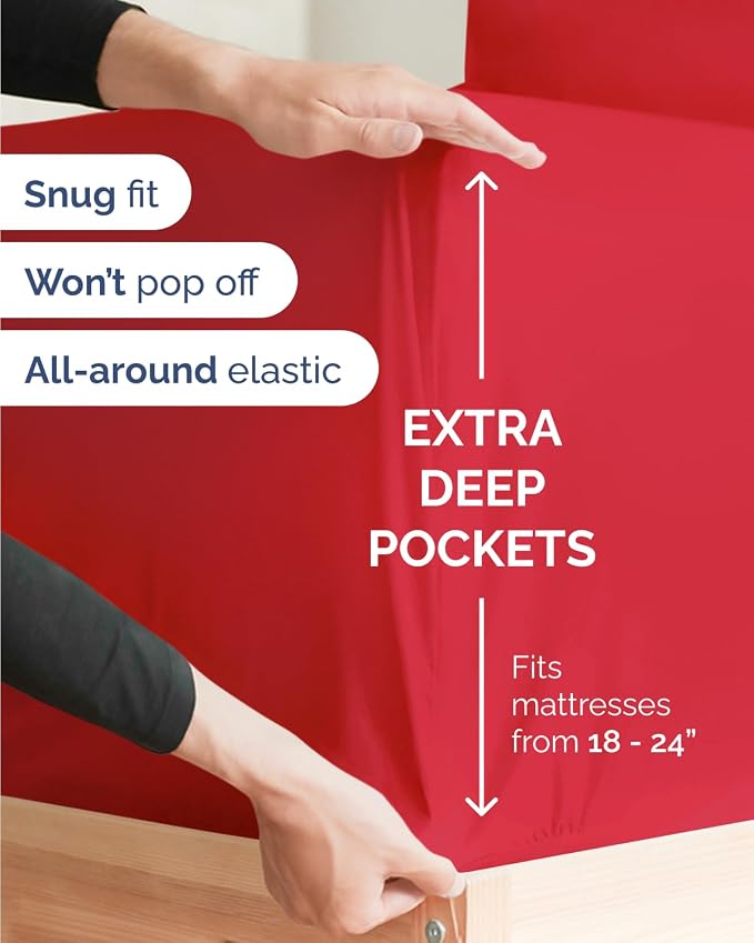 Flex Top Split Head King Sheet Set - 4 Piece Extra Deep Sheets - Red | Easily Fits 18 to 24 inch Mattress, Ultra Soft, Wrinkle & Fade Free with Extra Deep Pockets, Comfy Hotel Luxury Bedding