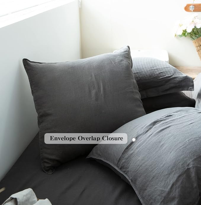 Simple&Opulence 100% Washed Linen Euro Shams 26'' x 26'' Pack of 2, Basic Style Solid Color Natural Flax Farmhouse Decorative Square Throw Pillow Covers for Bed Couch Sofa - Dark Grey