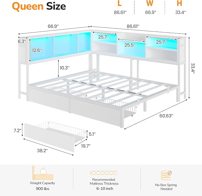 DICTAC Queen Corner Bed Frame with Storage Bookcase and 2 Drawers,Platform Corner Bed Frame Queen Size with LED Lights & Charging Station,Metal Daybed for Teens/Adult with Storage,Saving Space,White