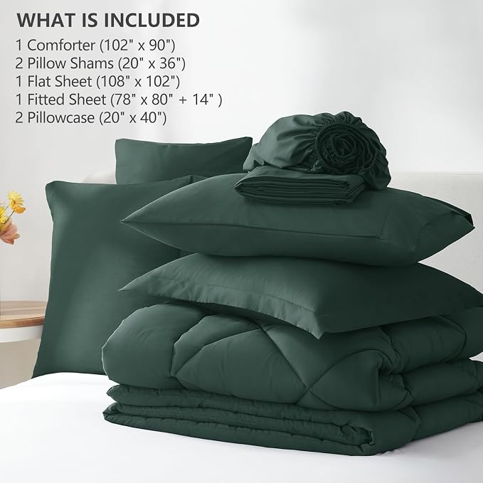 King Size Comforter Set Forest Green - 7 Pieces Bed in a Bag | OEKO-TEX Certified, All Season, 240GSM Down-Alternative Comforter, Sheets, Pillowcases & Shams, 14" Deep Pocket, Easy Care