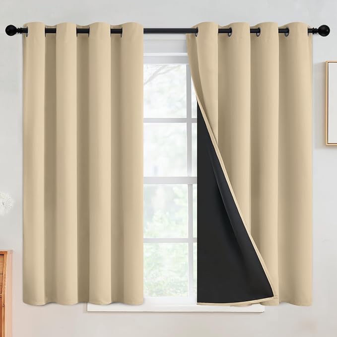 SimpleHome Beige 100% Blackout Curtains Room Darkening Living Room 45 Inch | Curtains for Bedroom,Thermal Insulated Grommet Window Drapes,Curtains for Living Room with Black Back,52 x 45 Inch,2 Panels