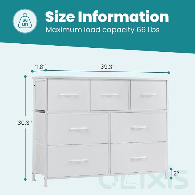 OLIXIS 7 Drawer Fabric Dresser, Storage Tower for Bedroom and Closet | White Easy-Pull Bins for Closet Organizers, Chest of Drawers with Sturdy Steel Frame & Wooden Top for Living Room, Entryway