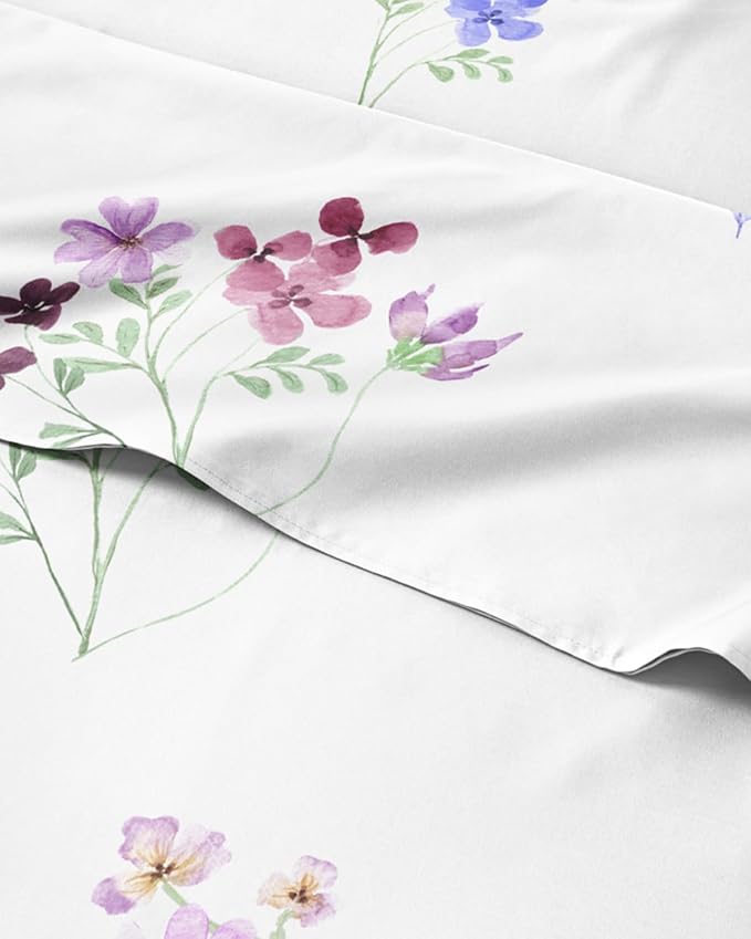 Split King 5 Piece Floral Sheet Set - Soft, Breathable & Cooling - Posy | 1 Flat, 2 Fitted & 2 Pillowcases w/ Deep Pockets, Boho Botanical Floral Bedding, Breathable & Cooling, Wrinkle & Fade Free