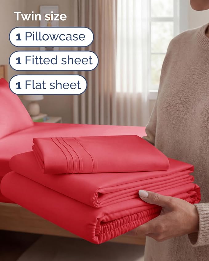 Twin Size 3 Piece Sheet Set - Comfy Breathable & Cooling Bed Sheets - Red | Hotel Luxury Bed Sheets for Women & Men, Deep Pockets, Easy-Fit, Extra Soft and Wrinkle Free Sheets, Oeko-Tex Bed Sheet Set