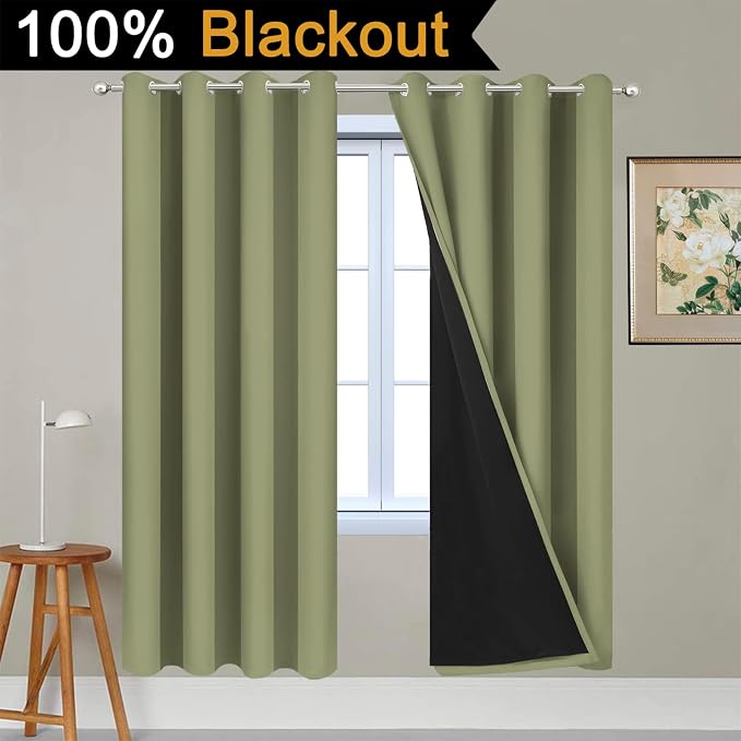 Yakamok Sage Blackout Curtains 72 Inches Long for Bedroom 52" Wide 2 Panel | Blackout Curtain Panels for Bedroom, 2 Thick Layers Grommet Top Thermal Insulated Drapes with Black Liner for Living Room