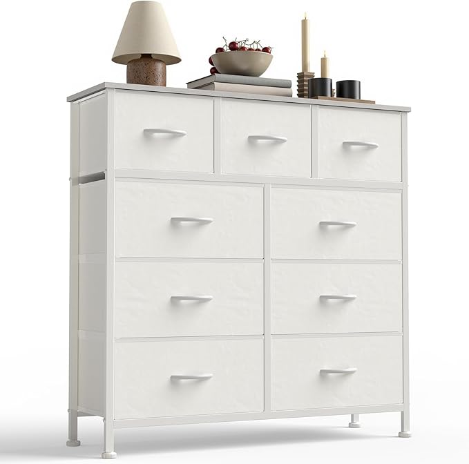 Sweetcrispy 9 Drawer Fabric Dresser Storage Tower Drawer Organizer, White | Sturdy Steel Frame with Wood-top, Easy-pull Handle, Space-Saving Organizer Chest for Bedroom, Closet, Lightweight and Stable