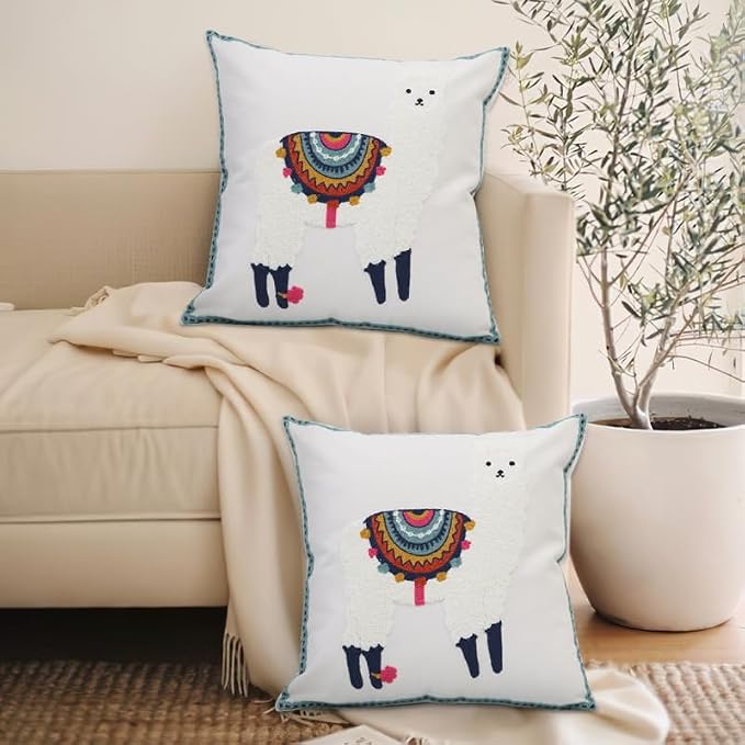 Pack of 2 Embroidered Decorative Throw Pillow Cover 18x18 Inch Farmhouse Floral Pillowcase for Living Room Sofa Bed (White Alpaca)