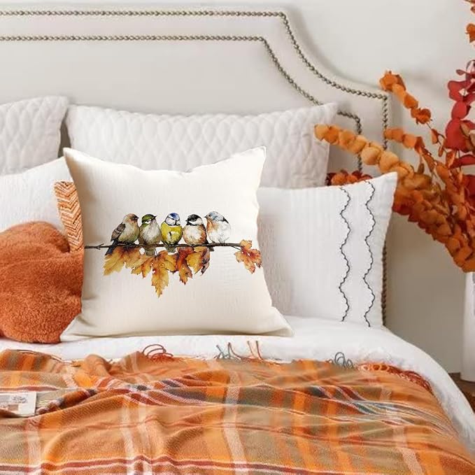 RABUSOFA Fall Pillow Covers 18x18 Inch Watercolor Bird Autumn Decorations for Home Outdoor Thanksgiving Decor Maple Leaf Decorative Throw Pillow Cases Farmhouse for Couch Sofa