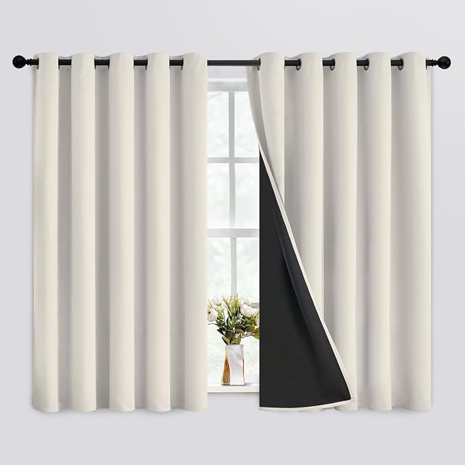SimpleHome Cream 100% Blackout Curtains Room Darkening Living Room 63 Inch | Curtains for Bedroom,Thermal Insulated Grommet Window Drapes,Curtains for Living Room with Black Back,62 x 63 Inch,2 Panels