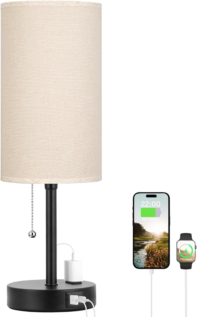 17in Bedside Table Lamp for Bedroom, Desk Lamp with USB Ports for Dorm | USB A+C Ports, AC Outlet, 3 Color Temperatures, LED Bulb Included, Linen-Fabric Shade, Matte Black Base, 14" Night Stand Lamp