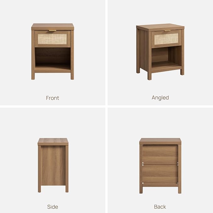 SICOTAS Night Stand Set 2 Rattan Nightstands with Drawer | Boho Bedside Table with Storage Shelf Farmhouse End Side Table for Bedroom, Oak
