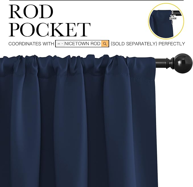 NICETOWN Living Room Curtains, Blackout Draperies, Home Decorations Thermal Insulated Solid Rod Pocket Blackout Drapes for Living Room, Hall (Navy, One Pair, 70 x 95-inch)