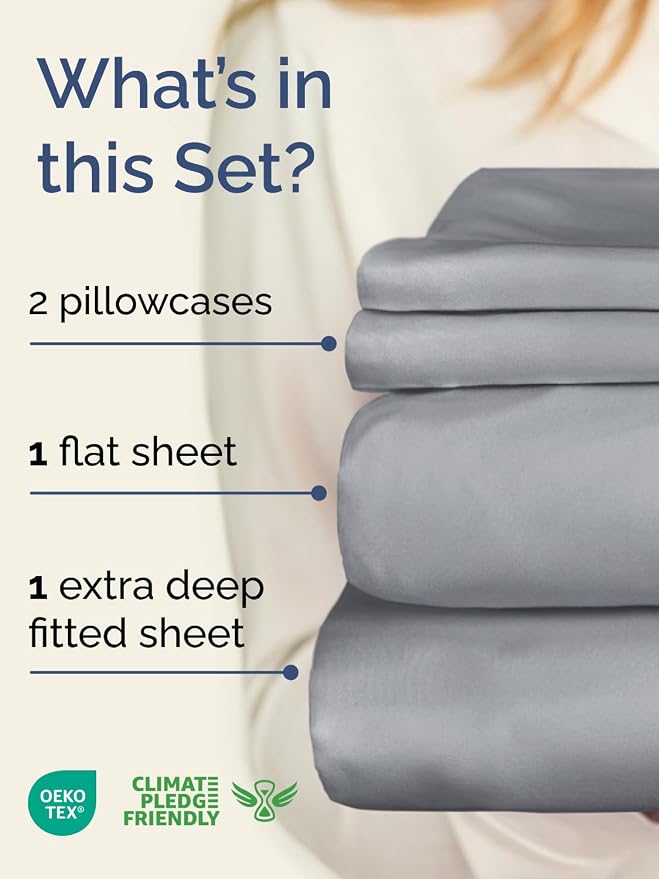 Extra Deep Twin Sheet Set - 4 Piece Breathable Cooling Sheets - Steel Blue | Hotel Luxury Bed Sheets Set, Easy & Secure Fit, Ultra-Soft, Wrinkle & Fade Free, Comfy Sheets Set with Extra Deep Pockets