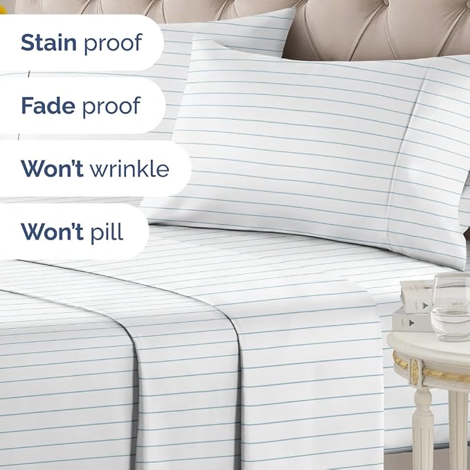 King 4 Piece Striped Sheet Set - Breathable & Cooling - Sky Blue Pinstripe | 1 Flat, 1 Fitted & 2 Pillowcases w/ Deep Pockets, Luxury Striped Bedding, Soft, Breathable & Cooling, Wrinkle & Fade Free