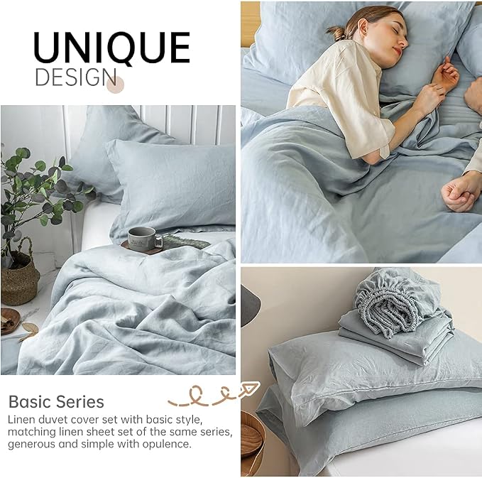 Simple&Opulence 100% Linen Duvet Cover Set 3pcs Basic Style Natural French Washed Flax Solid Color Soft Breathable Farmhouse Bedding with Button Closure - Dusty Blue, Queen