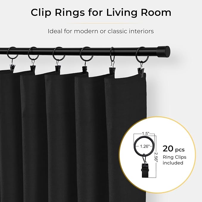 INOVADAY 100% Blackout Curtains for Bedroom Black Out Curtain 108 Inch Long | Black Curtains for Living Room 2 Panels, Clip Rings Linen Look Blackout Drapes, Thermal Insulated Room Darkening,W50xL108