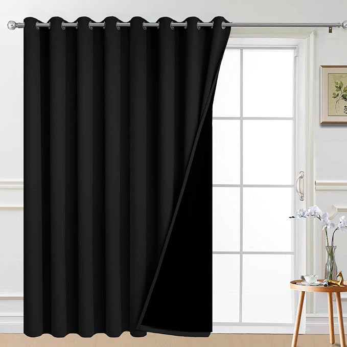 Yakamok Black 100% Blackout Patio Door Curtain Panels W100 x L96,1 Panel | Noise Reducing Barrier Panel for Sliding Glass Door, 2 Thick Layers Heat Full Light Blocking Patio Door Drapery