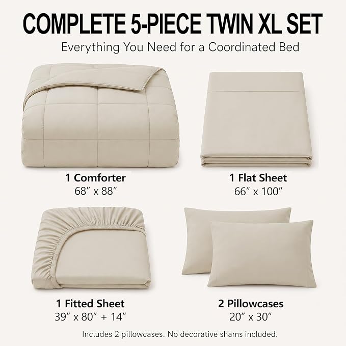 Twin XL Comforter Set Beige - 5 Pieces Twin XL Bed in a Bag | College Dorm Essentials, OEKO-TEX Certified, All Season, Down-Alternative Comforter + Flat & Fitted Sheets + 2 Pillowcases