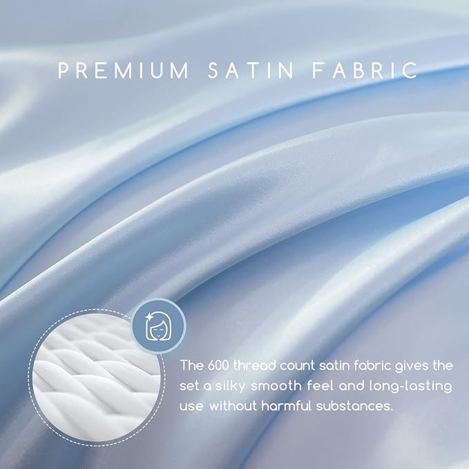 MR&HM Satin Sheets Twin XL Size with Elastic Corner Straps, Light Blue | Similar to Silk, 3-Piece Silky Soft Bed Sheet Set, Gentle on Skin and Hair, 15" Deep Pocket, Cooling & Breathable