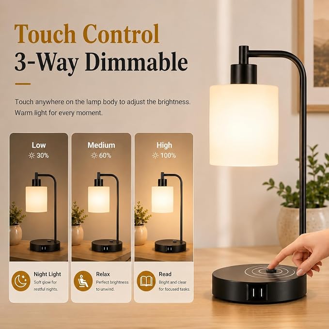 Set of 2 Industrial Touch Control Table Lamps with 2 USB Ports and AC Outlet - 3-Way Dimmable Black Bedside Lamp Nightstand Desk Lamps for Bedroom Living Room, Opal Glass Shade & 2 LED Bulbs Included