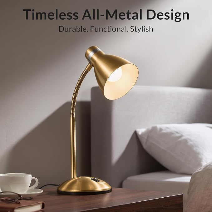 LEPOWER Metal Desk Lamp, Adjustable GooseNeck Reading Light for Bedroom | Compact & Sturdy, Space-Saving for Bedside & Dorm, E26 Table Lamp, Eye-Caring, Ldeal for Study, Office, Back to School