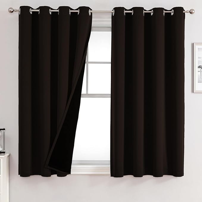 ChrisDowa 100% Blackout Curtains for Bedroom 2 Panels Set with Black Liner | 2 Thick Layers, Thermal Insulated, Light Blocking, Grommet, Window Treatment, Living Room Drapes, Brown, 52 x 54 Inch
