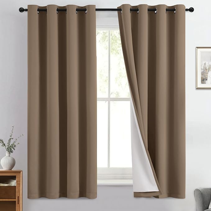 Yakamok Khaki Blackout Curtains 63 Inches Long for Bedroom 50" Wide 2 Panel | Blackout Curtain Panels for Bedroom, 2 Thick Layers Grommet Top Thermal Insulated Drapes with White Back for Living Room